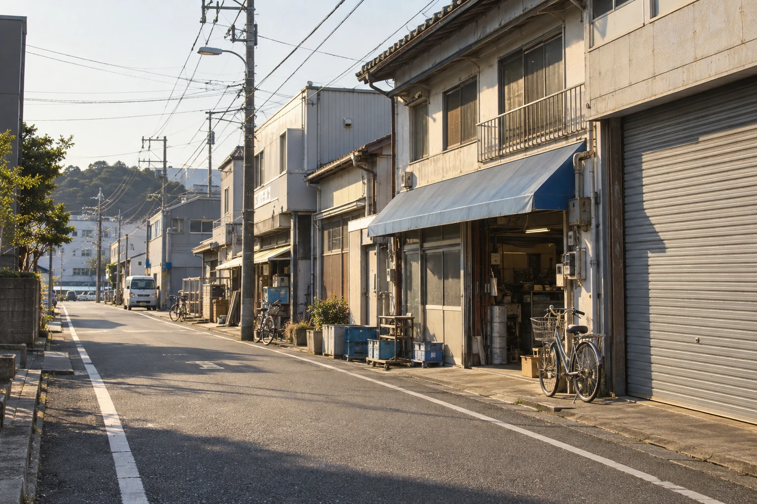 低層の事業所と街路樹が並ぶ沿岸部の街路。沿岸仕事通信の保存写真。